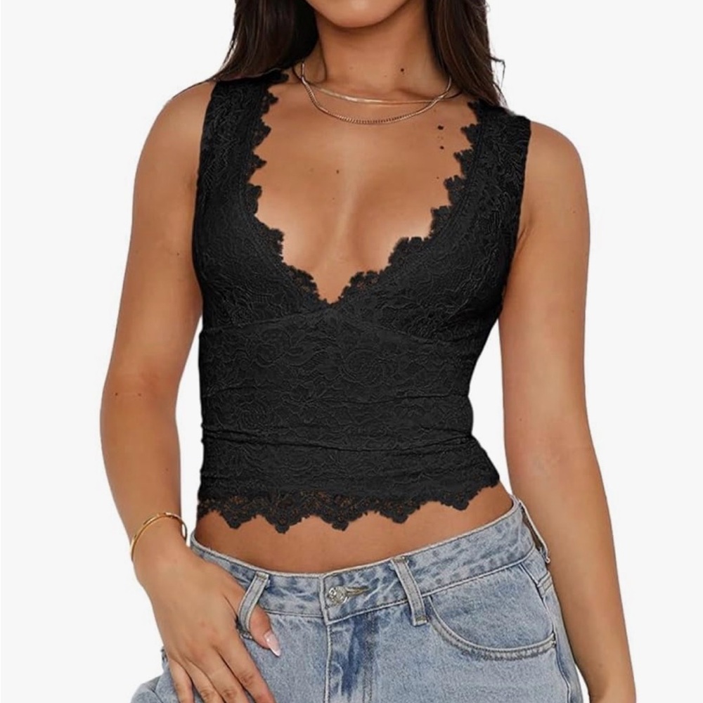 ReoRia Black Lace V-Neck Top
